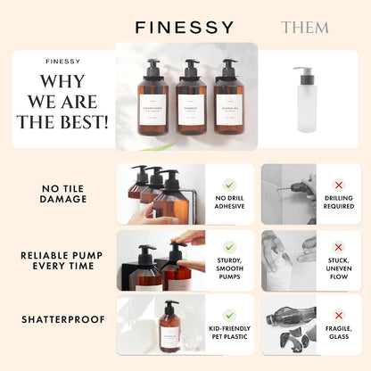 FINESSY Amber Shampoo and Conditioner Dispenser for Shower Wall No Drill | 3 Plastic 17oz Fillable Shower Bottles With Labels. Shower Shampoo Dispenser Wall Mounted. Airbnb Empty Soap Pump Bottles.