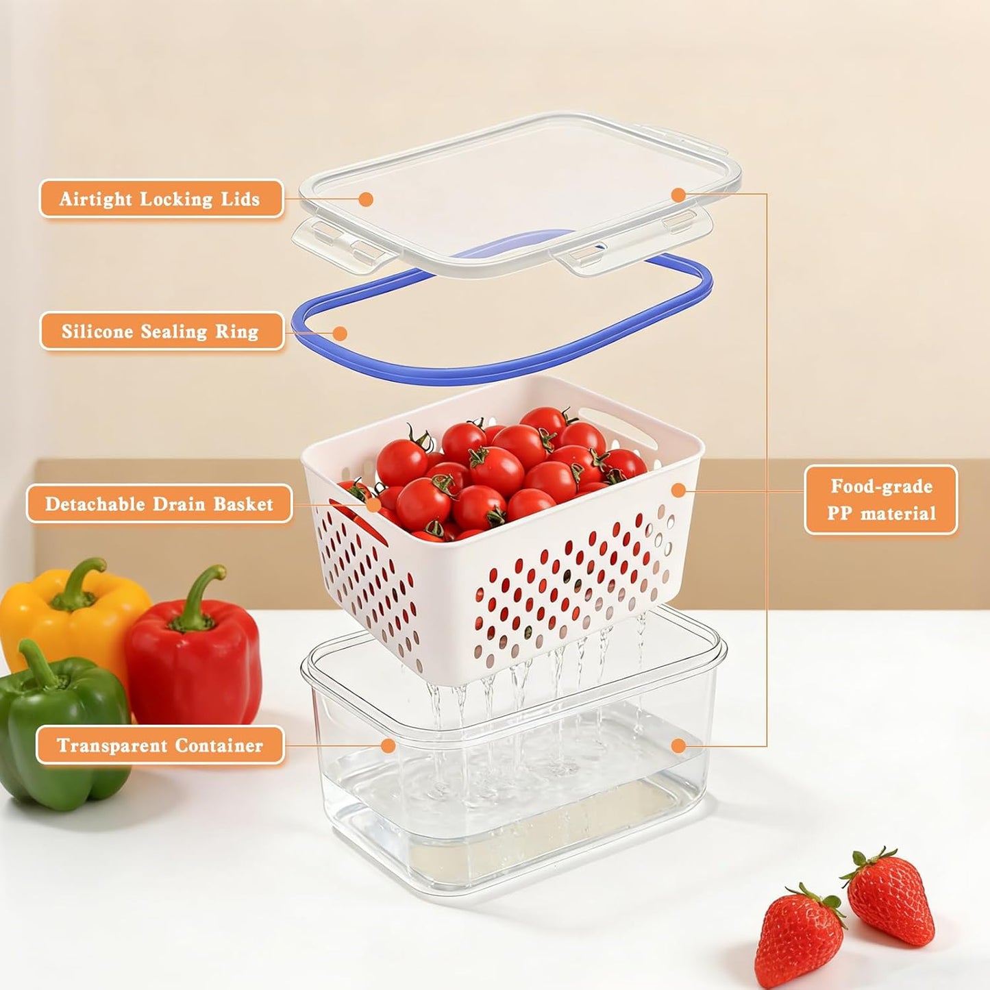 3PCS Fruit Storage Containers, Fruit Storage Containers With Lid And Colander, Household Transparent Plastic Food Storages Box-Including Drain Basket, Multipurpose Large For Fridge