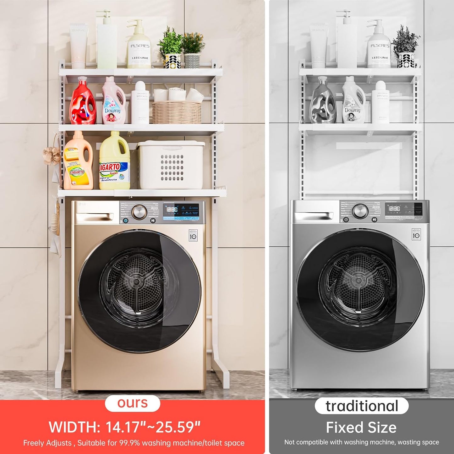 Carbon Steel Over Washer and Dryer Shelf, 2 Tier Bulkhead Laundry Room Storage and Organization Riser, Above Toilet Rack, (14.17“-25.59”) W*15.75 “D*63.39 ”H, Gray