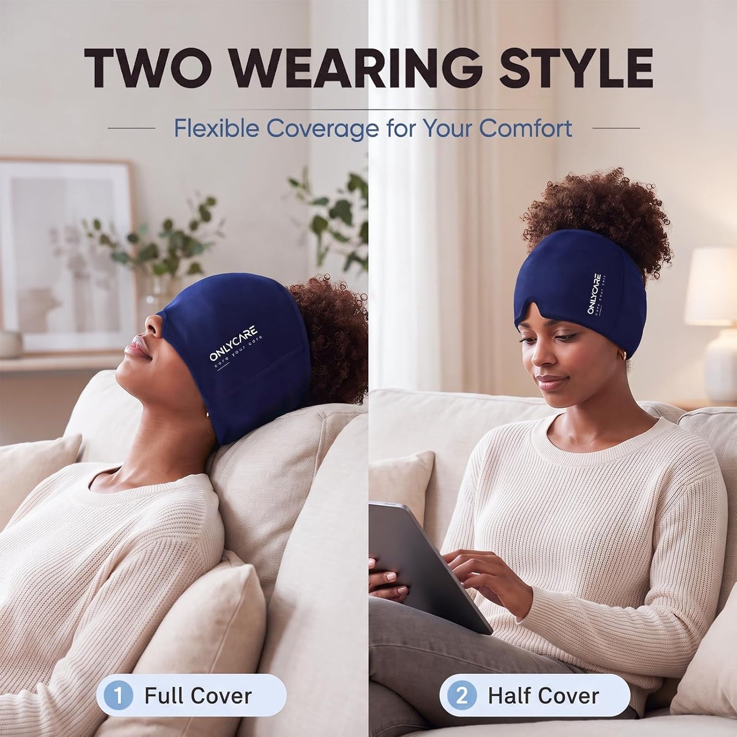 ONLYCARE Migraine Relief Cap, Headache Relief Cold Cap with Odorless Gel | Cooling Hat Head Wrap Soothing Face Ice Pack Mask Products for Tension Stress Hangover & Puffy Eyes, Relaxing Gifts for Women