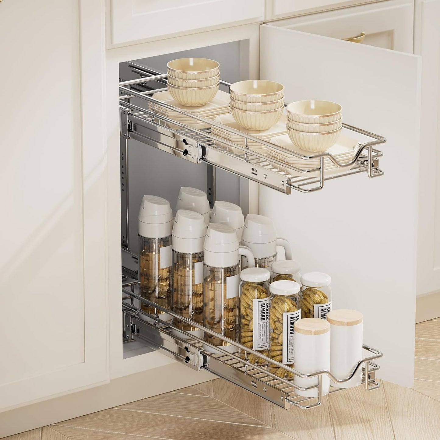 DINDON 2 Tier Pull Out Cabinet Organizer (20" W X 21" D), Double Tier Wire Basket Slide Out Shelf Storage for Kitchen Base Cabinet Organization for Kitchen, Pantry, Bathroom, Chrome