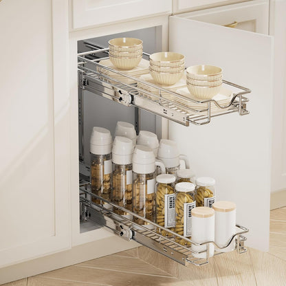 DINDON 2 Tier Pull Out Cabinet Organizer (20" W X 21" D), Double Tier Wire Basket Slide Out Shelf Storage for Kitchen Base Cabinet Organization for Kitchen, Pantry, Bathroom, Chrome