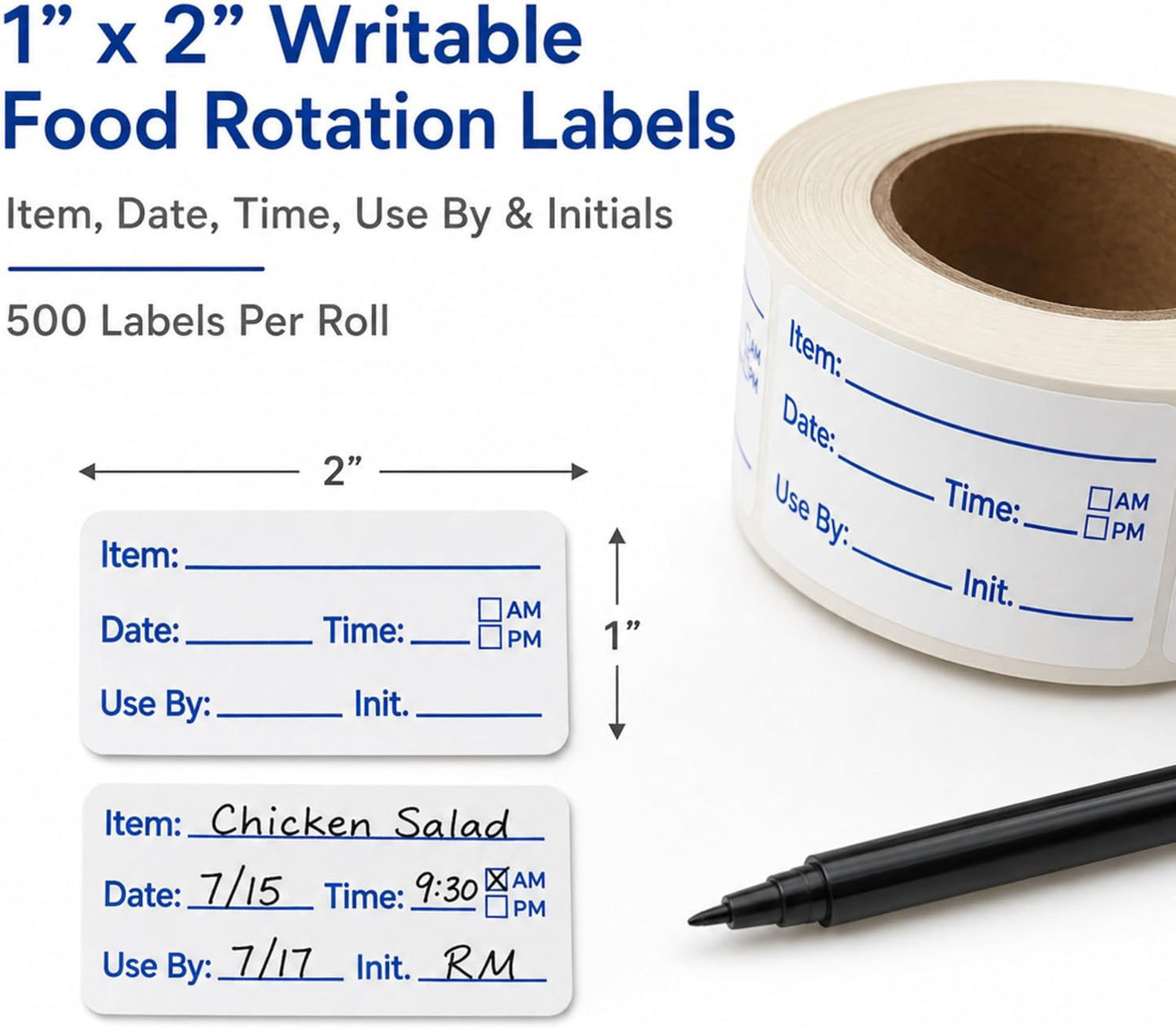 Water Dissolvable Food Prep Rotation Labels, 1 x 2, 500/Roll | Writable Prep Date and Use By Stickers for Homes, Restaurants, Kitchens, Freezers, Meal Prep and Food Storage. Made in USA