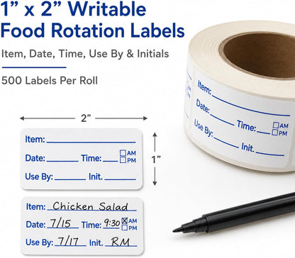 Water Dissolvable Food Prep Rotation Labels, 1 x 2, 500/Roll | Writable Prep Date and Use By Stickers for Homes, Restaurants, Kitchens, Freezers, Meal Prep and Food Storage. Made in USA