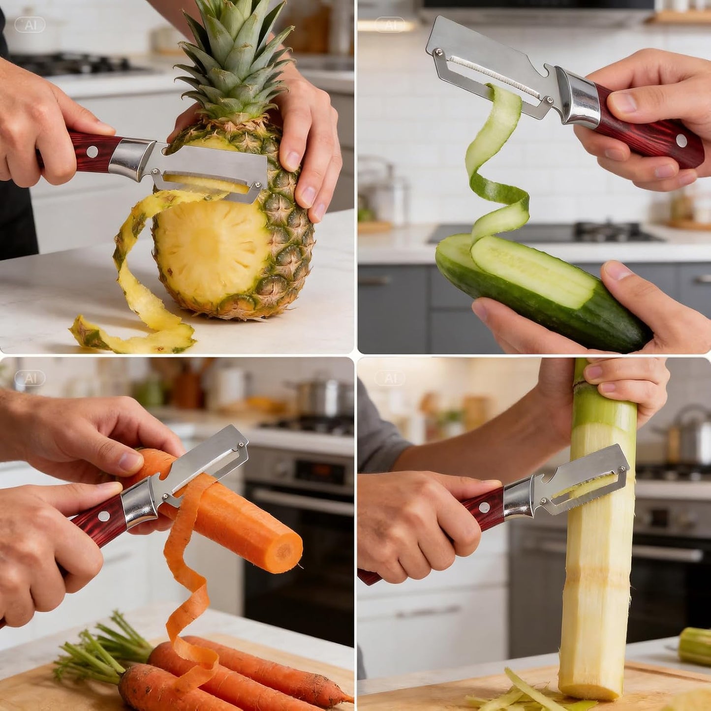 Julienne Peeler Vegetable Peeler for Veggie Potato Carrot(2 Pack) | Multifunctional Cabbage Shredder | 3 in 1 Peeler and Julienne Shredder Tool | Wooden Handle | Bottle Opener