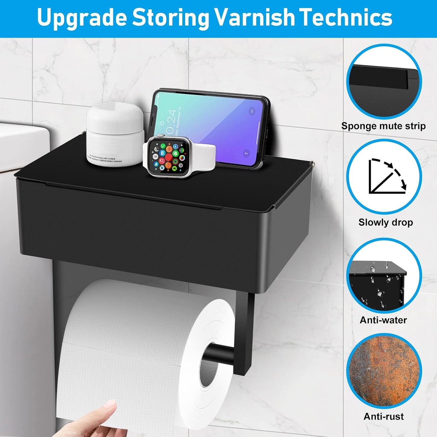 Toilet Paper Holder with Storage, Shelf of Bathroom Toilet Tissue Holder, Toilet Paper Roll Holder, Black Stainless Steel Wall Mount, No Installation & Flushable Wet Wipes Storage