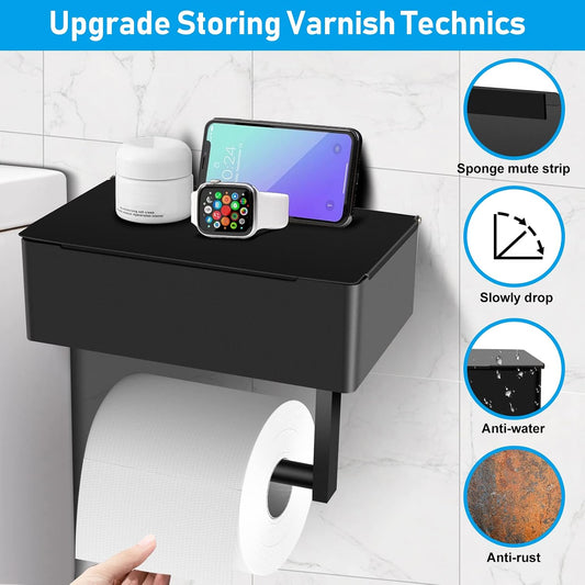 Toilet Paper Holder with Storage, Shelf of Bathroom Toilet Tissue Holder, Toilet Paper Roll Holder, Black Stainless Steel Wall Mount, No Installation & Flushable Wet Wipes Storage
