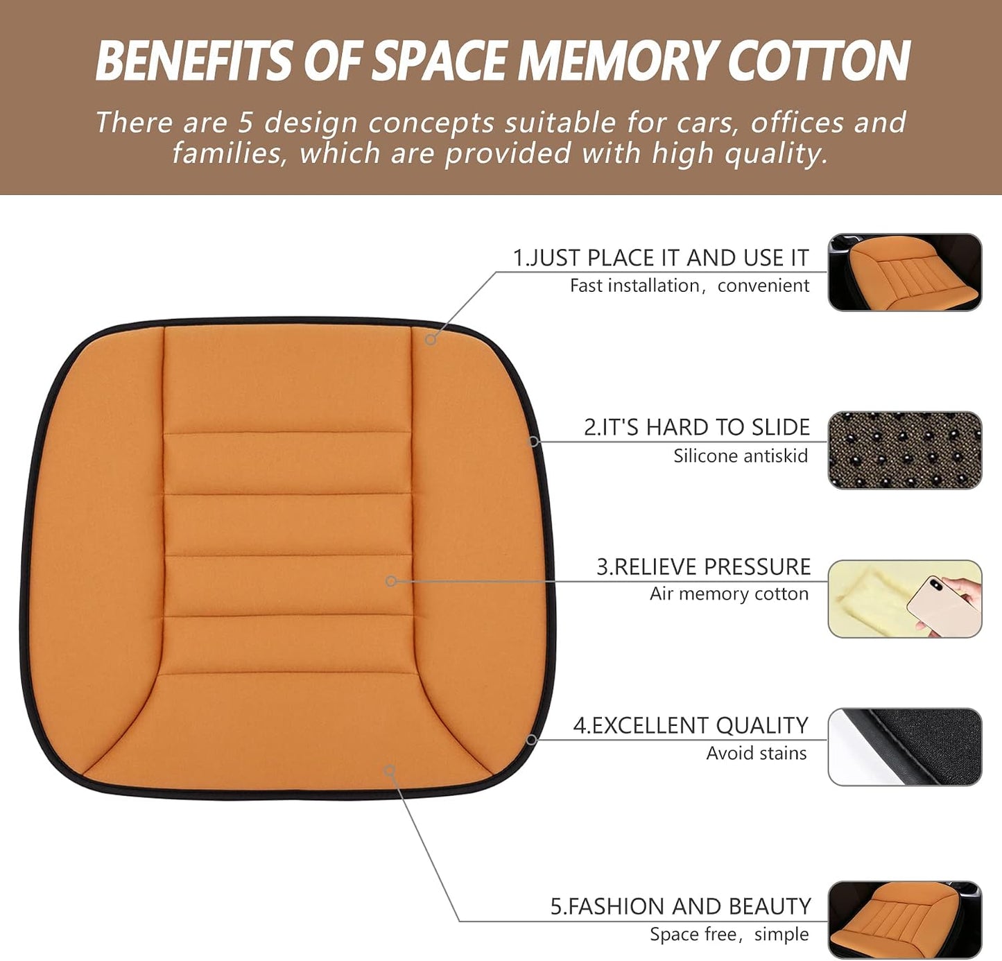 Car Seat Cushion Pad 1.2" Thick Comfort Seat Protector for Car Driver Seat Office Chair Home Use Memory Foam Seat Cushion with Non Slip Bottom, 20'' x 18.5'', Black