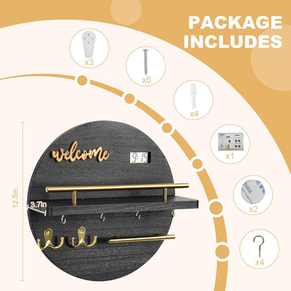 Key Holder for Wall, Key and Mail Holder Organizer with - Key Holder Wall Mount - Round Wooden Rustic Home Decor for Entryway, Mudroom, Hallway, Kitchen Office (Black)