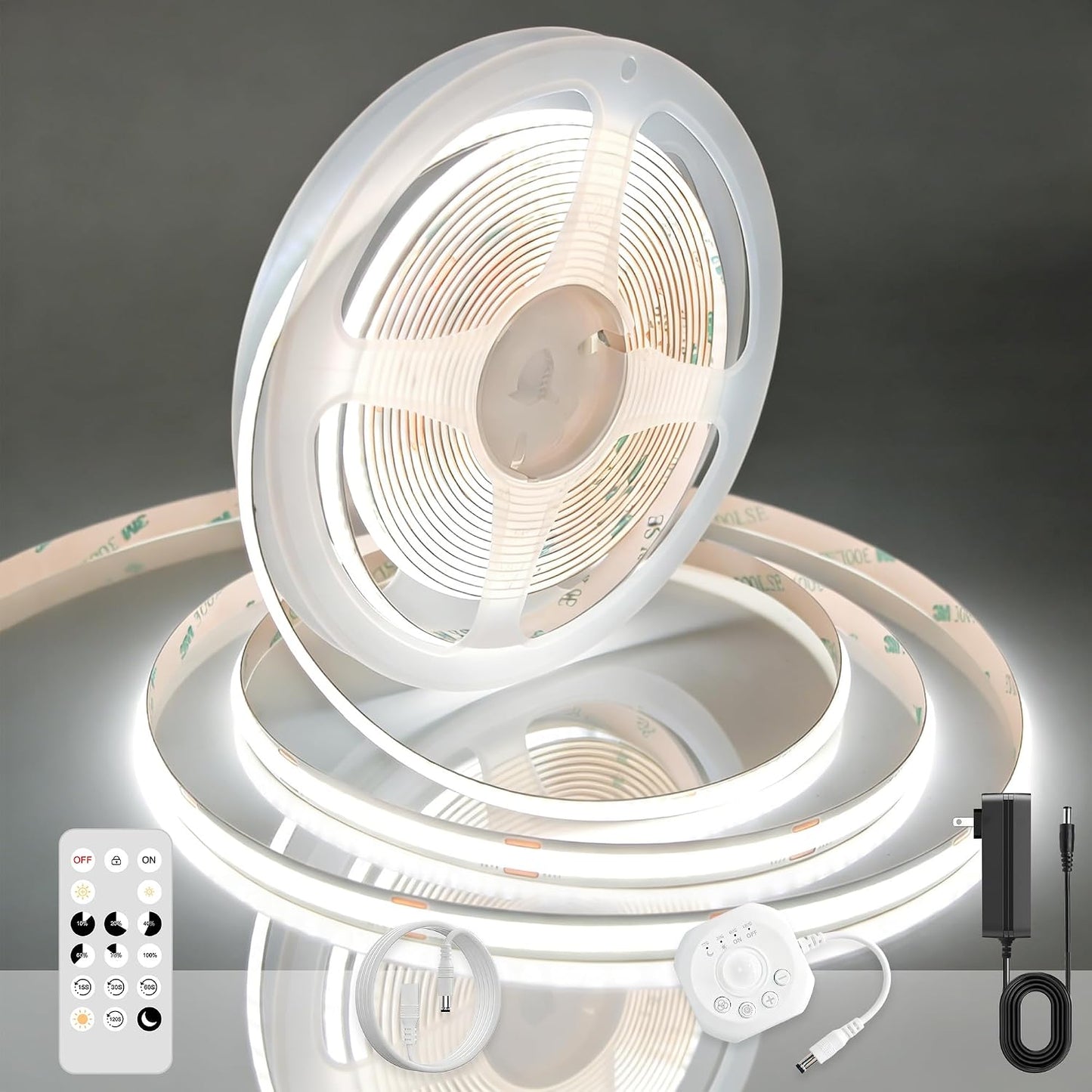 AXMOTUT Motion Sensor COB LED Strip Lights with Remote, 24V 9.84ft Natural White Dimmable LED Light Strips, High Bright 4000K LED Lights with Power Supply for Room, Kitchen, DIY Home Decoration
