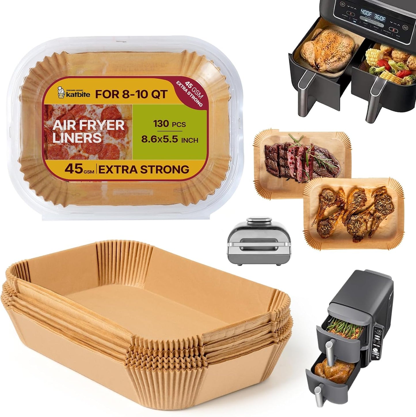 Katbite Air Fryer Liners, 8.6 x 5.5 Inch for Dual Basket Fryers, 220 Count | Disposable oil-proof parchment liners for dual basket air fryers; Compatible with Foodi DZ201, DZ401 and FG551 models.