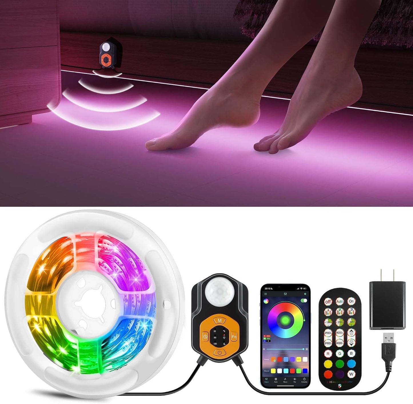 Motion Sensor LED Light Strip 19.68ft Under Bed Lights, RGB 3 Mode Motion Activated Bed Light with Music Sync and Timer, Dimmable Color Changing LED Lights Father Day Gifts