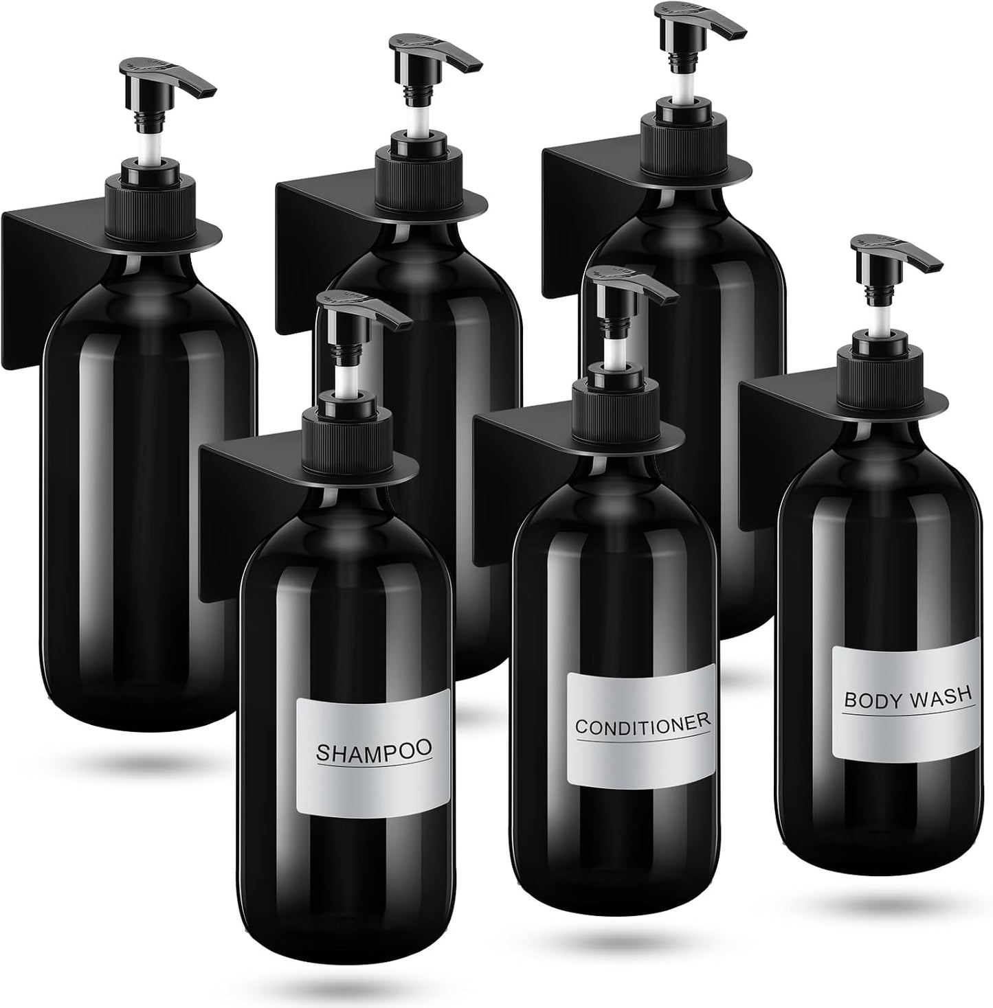 6 Pack Shampoo and Conditioner Dispenser Wall Mount 17oz No Drill Shampoo and Conditioner Dispenser with Matte Pump and Waterproof Labels Shower Soap Bottles Wall Mounted for Home Bathroom
