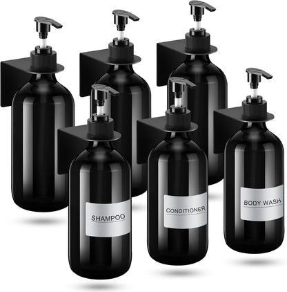 6 Pack Shampoo and Conditioner Dispenser Wall Mount 17oz No Drill Shampoo and Conditioner Dispenser with Matte Pump and Waterproof Labels Shower Soap Bottles Wall Mounted for Home Bathroom