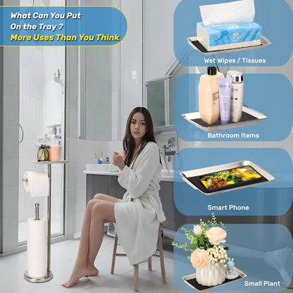 Exilon Toilet Paper Holder Stand for Bathroom Floor Freestanding Toilet Roll Dispenser Storages 4 Reserve Rolls, with Top Storage Shelf for Cell Phone (Brushed Nickel)