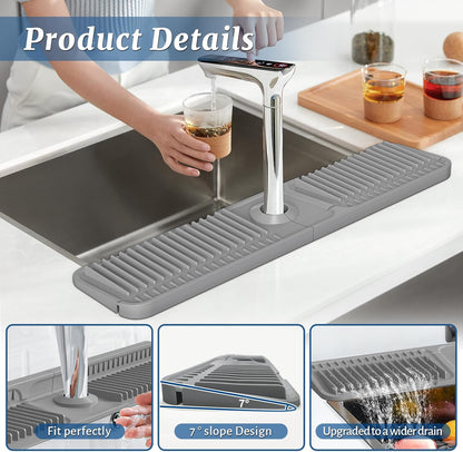 PoYang 24 Inch Faucet Mat for Kitchen Sink Splash Guard, Silicone, Black | Sink Protectors with 7° Slope for Smooth Drainage, Snap Button Holds It in Place, 90° Foldable & Cuttable Hole Fit Most Sinks