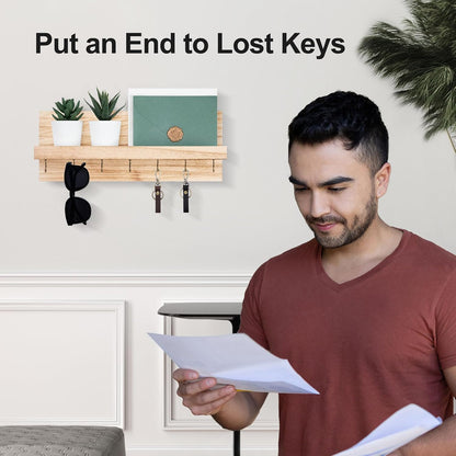 Lwenki Decorative Key Holder for Wall with Shelf, Entryway Shelf with Hooks Holds Leashes, Jackets and Glasses – Sturdy Wood Keyholder Entrance Hanger with Mounting Hardware (Black, Medium)