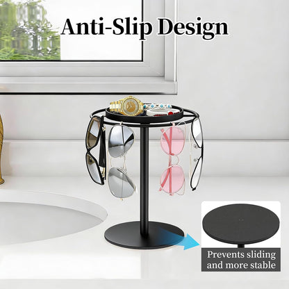 LSK Metal Sunglasses Organizer, Glasses Holder Stand with Storage Tray | Eyeglasses Holder with Anti-Slip Pads for Tabletop, Desk, Dresser, Matte Black