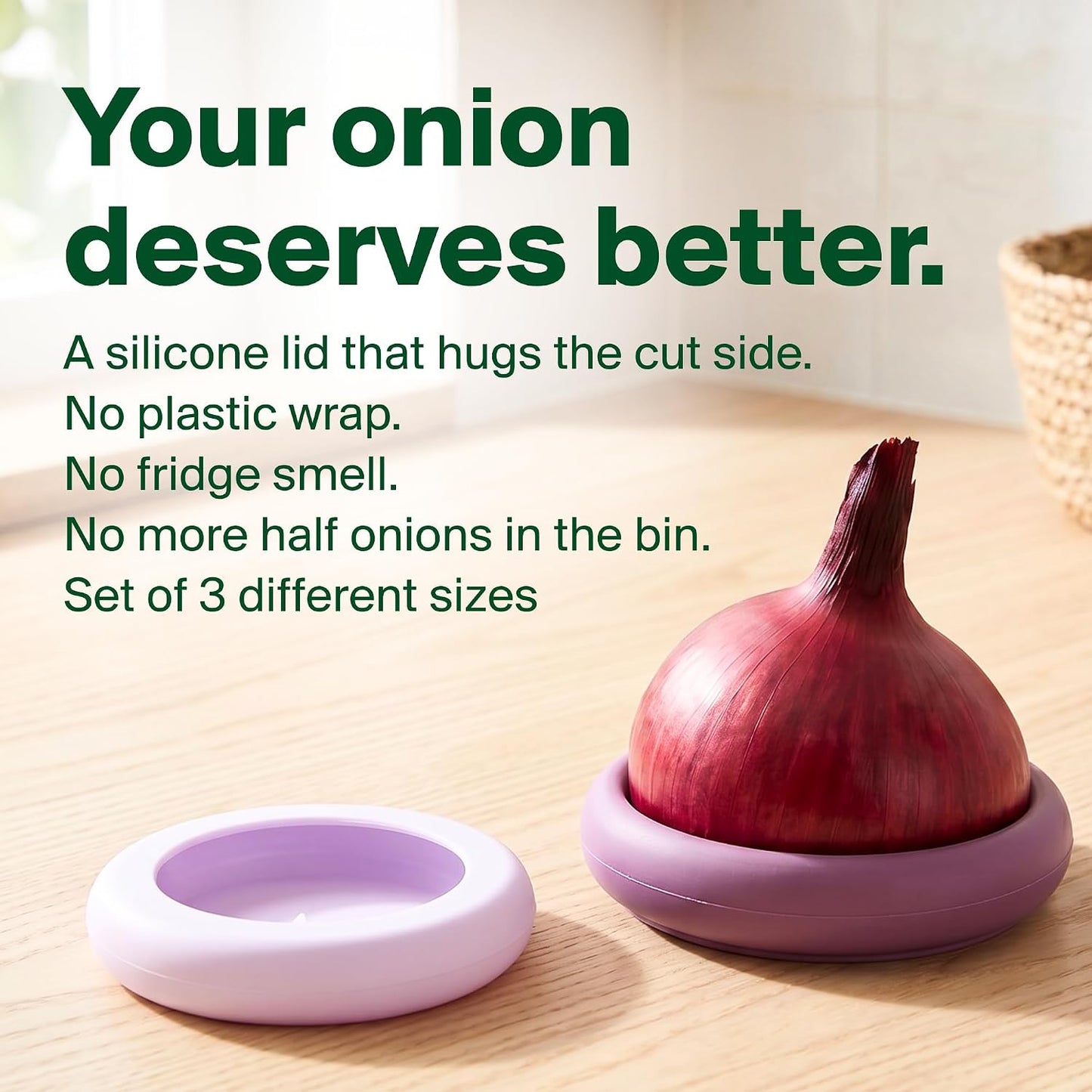 Food Huggers Onion Hugger - Onion Storage & Saver BPA Free Silicone Snug Fit Containers Perfect Holder & Keeper for Refrigerator to Keep Your Onions Fresh Longer - Set of 3
