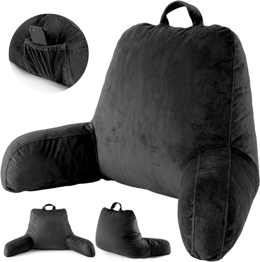 ACH Reading Pillow with Arms for Adults - Adjustable Memory Foam Bed Rest Pillow, Lumbar & Neck Back Support, Soft Velvet Cover Machine Washable, Deep Side Pocket & Carry Handle, Grey