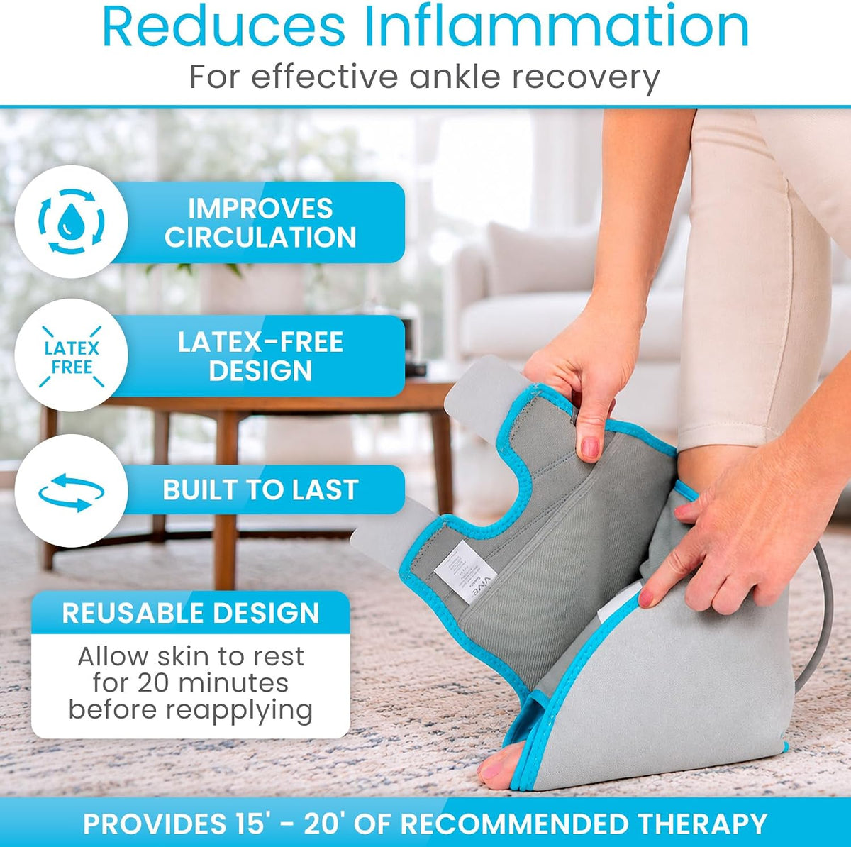 Vive Compression Ankle Ice Pack Wrap for Foot Pain Relief - Soft Cold Brace for Recovering Injuries - Support for Swelling, Sprains, & Fractures - Filled with Reusable Gel, Fits Small & Large Feet