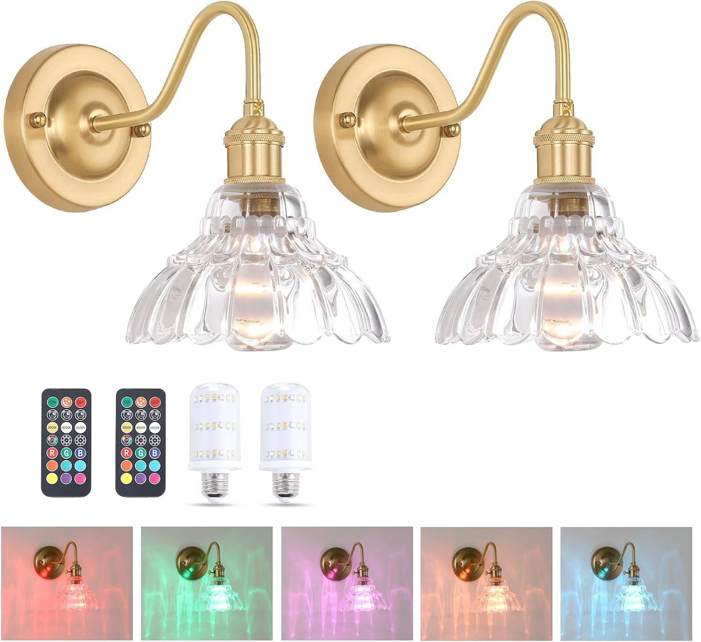 Shenmoyl Battery Operated Wall Sconce Wall Lamp with Green Lily of the Valley Shade Pattern Glass Adjustable Chain Retro Gold Wall Mounted Light, Modern Wall Lamp Fixtures Decor for Bedside Bedroom