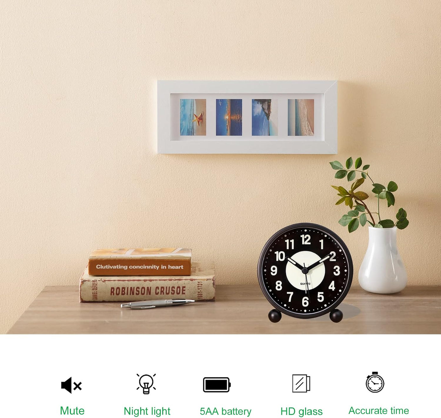 Alarm Clock Luminous 4 "Round Silent Analog Table Clock Non-Ticking, Battery Operated with Loud Alarm and Night Light Small Desk Clock for Bedroom, Bedside Table