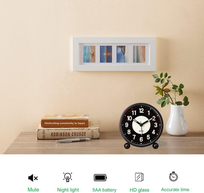 Alarm Clock Luminous 4 "Round Silent Analog Table Clock Non-Ticking, Battery Operated with Loud Alarm and Night Light Small Desk Clock for Bedroom, Bedside Table