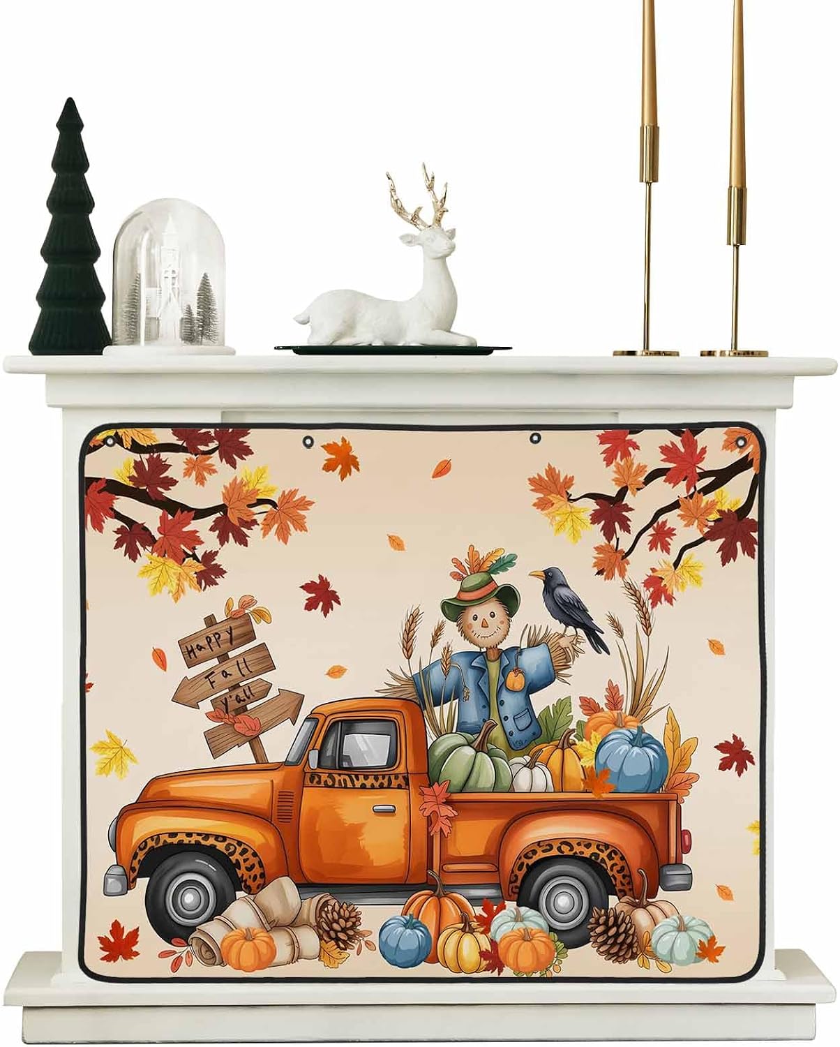 Happy Fall Magnetic Fireplace Cover, Fireplace Draft Blocker, Thanksgiving Truck Pumpkin Leaf Scarecrows Fireplaces Blanket for Heat Loss/Cold Air, Fireplaces Draft Stopper Cover for Inside 45''x34''