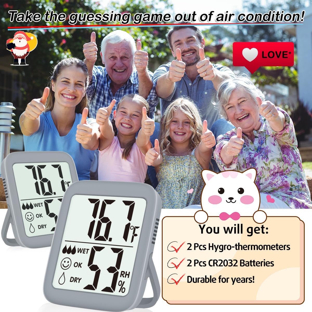 2 Pack Room Thermometer Indoor Hygrometer | Monitor Temperature & Humidity, Accurate, Fast Read, Easy To View, Magnetic/Kickstand/Hanging, ℉/℃, w/ Battery, Compact