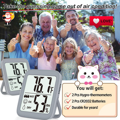 2 Pack Room Thermometer Indoor Hygrometer | Monitor Temperature & Humidity, Accurate, Fast Read, Easy To View, Magnetic/Kickstand/Hanging, ℉/℃, w/ Battery, Compact