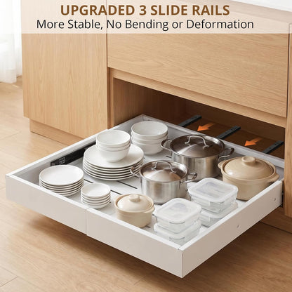DOMNIU Pull Out Cabinet Organizers Expandable,White,16.9"Depth,2 Pack | Slide Out Drawers for Kitchen, Bathroom, Pantry, Under Sink Storage, Fixed with Adhesive Nano Film (11.6''-17.5'')