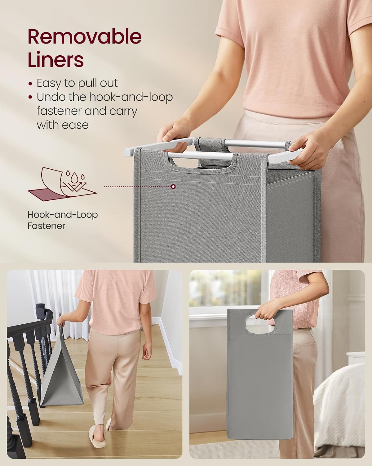 VASAGLE Laundry Hamper, Laundry Basket Sorter with 3 Pull-Out and Removable Bags, Shelf, Metal Frame, 3 x 10.6 Gallons (40 L), 36.4 x 13 x 28.4 Inches, Cappuccino Beige and Natural Beige UBLH301LH01