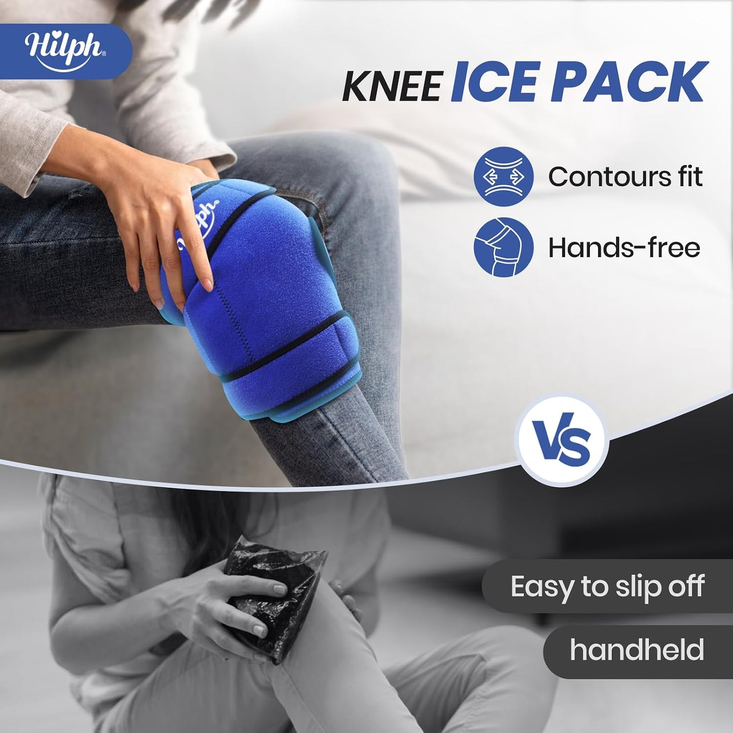 Hilph Knee Ice Pack Wrap, Adjustable Knee Brace with 2 Gel Ice Packs, Blue | Full Coverage, Hot Cold Therapy, Pain Relief for Replacement Surgery, Arthritis, ACL, Meniscus Tear, Swelling, Leg, Elbow Arm