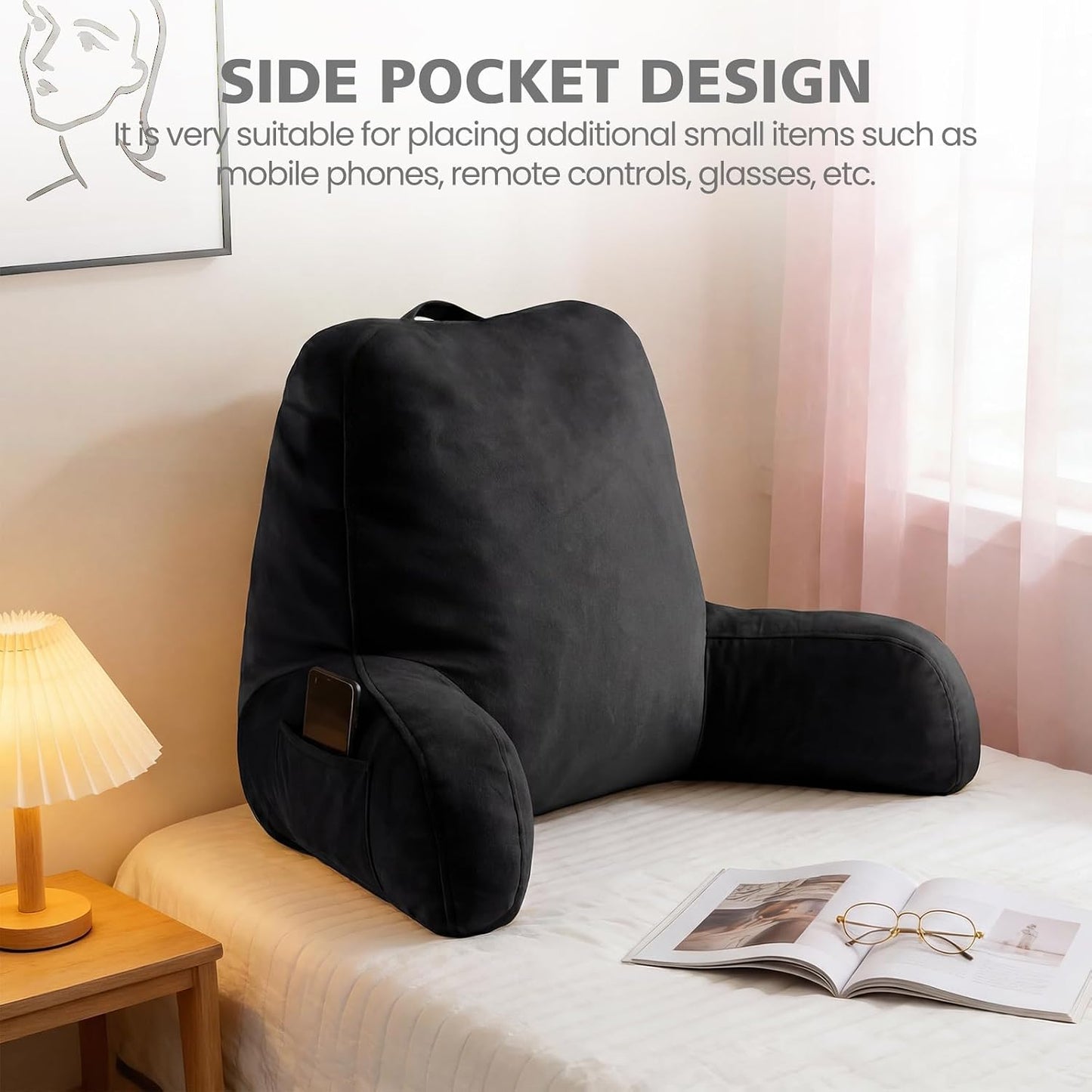 Reading Pillow with Adjustable Memory Foam,Adult Backrest with Arms, Back Pillow for Sitting in Bed with Washable Cover- Large, Gray
