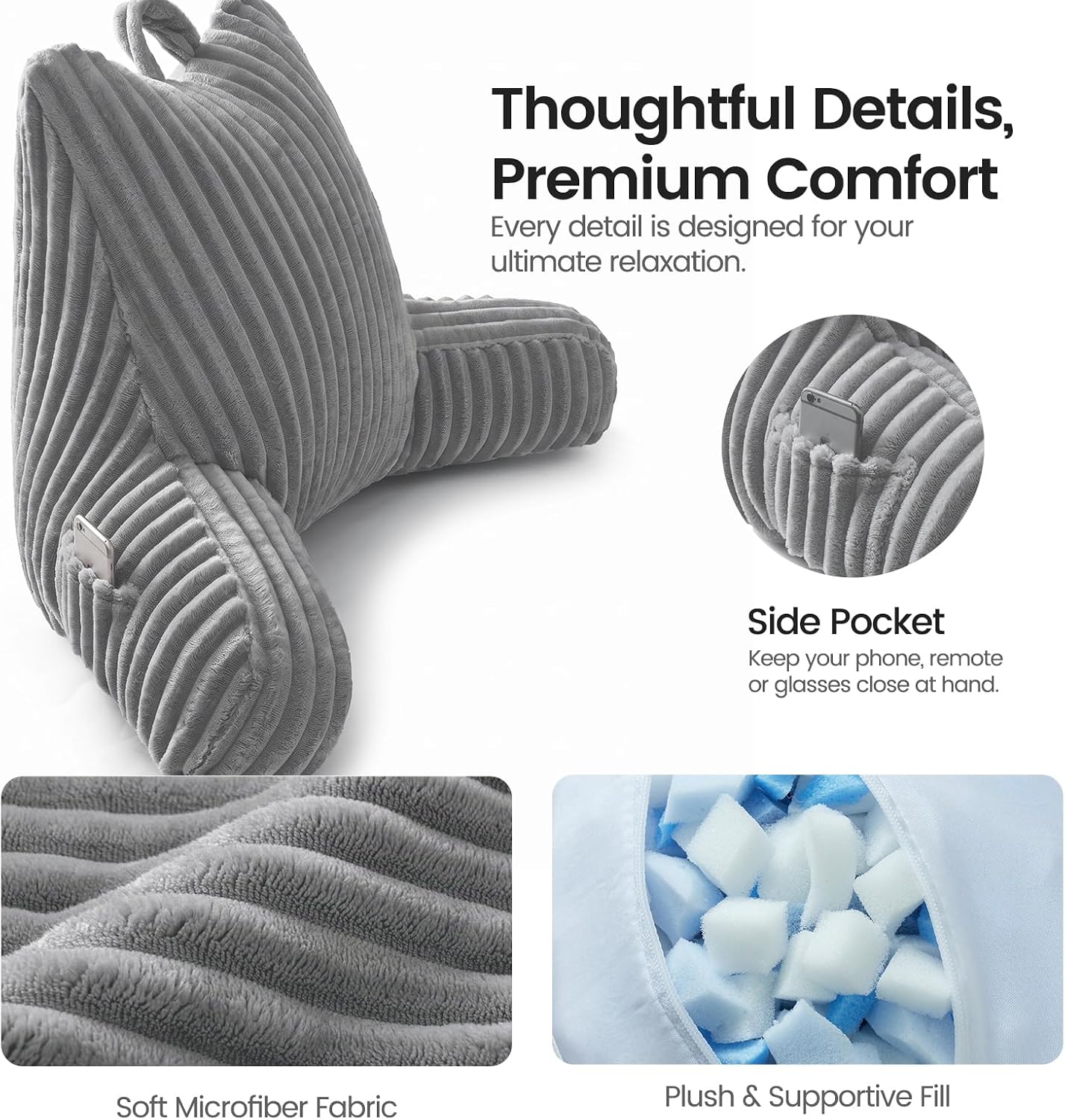 Reading Pillow for Sitting up in Bed, Adjustable Memory Foam Bed Rest Pillow, Wide-wale Plush Cover Machine Washable, Neck Back and Lumbar Support Pillow-Grey