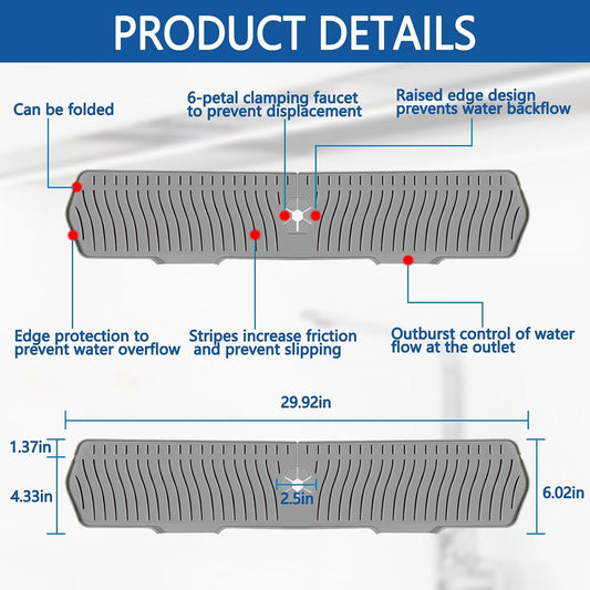 Kitchen Sink Splash Guard Gen2-30" x 6'' Silicone Sink Mat Splash Guard fit for Countertop, Bathroom,Farmhouse,RV by EBIGIC (Grey)