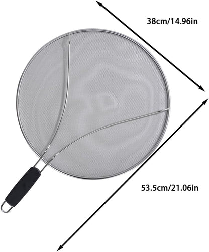 Stainless Steel Splash Guard, Frying Pan Splash Guard, Fine Mesh Cover, Prevents oil Splattering, Comfortable Handle to Prevent Burns, Suitable for Frying Pans and Cooking Utensils (15in)