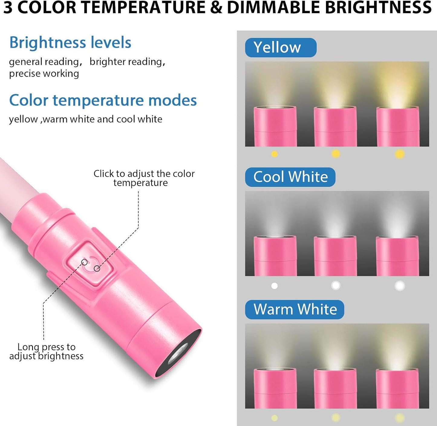Rechargeable Hands-Free Neck Light with 3 Adjustable Color Modes, Black | Stepless Dimming, Flicker-Free Eye Protection, Flexible & Bendable, Long Battery Runtime, Protable Lightweight