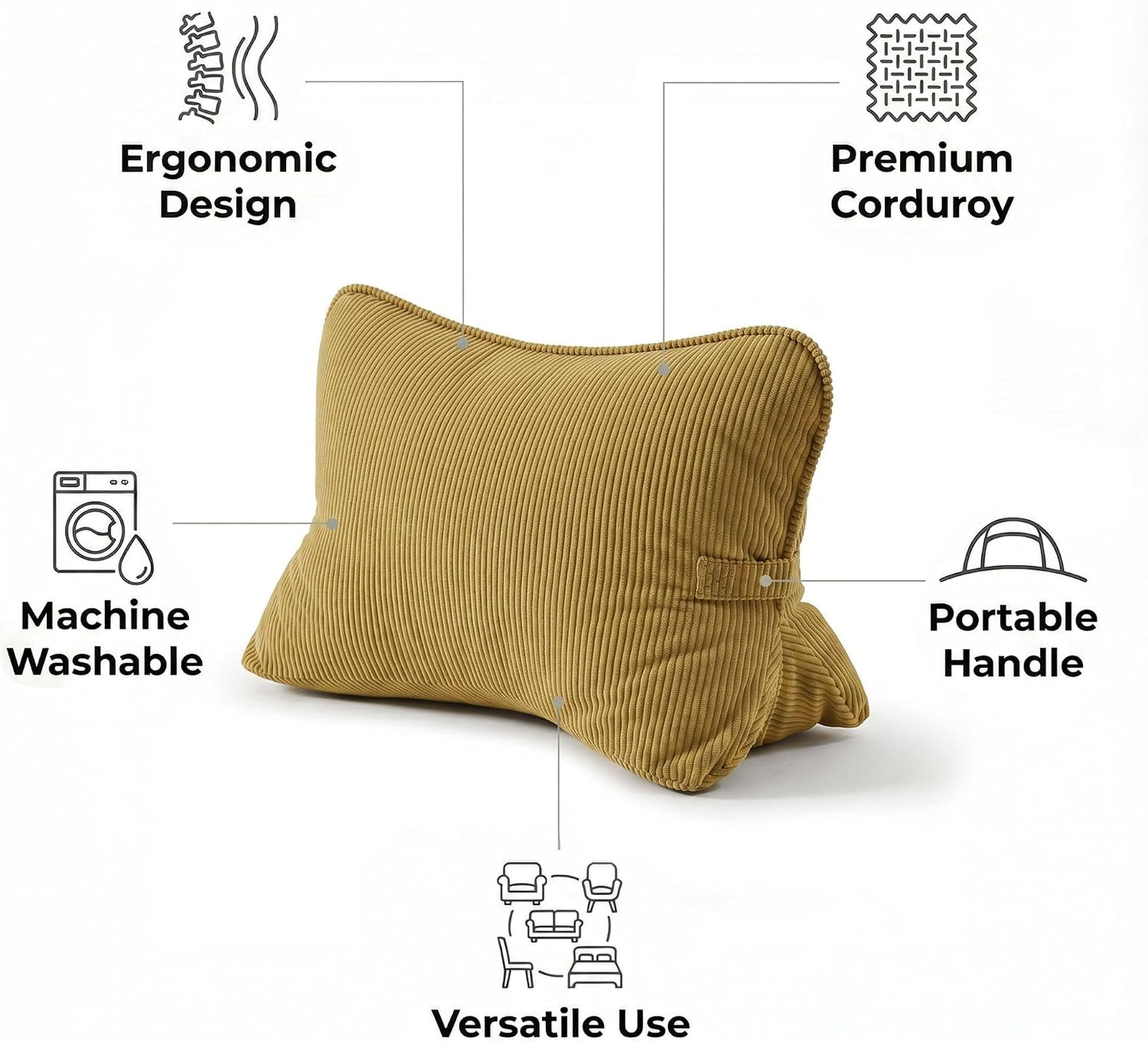 Pat. Pend. Corduroy Lumbar Support Back Pillow for Watching TV, Reading & Gaming, Ergonomic Triangle Support Cushion for Sofa, Armchair & Bed Sitting, Removable Washable Cover, Beige Gray