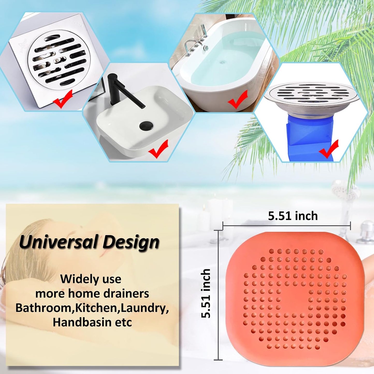Bovinde Hair Drain Catcher,Square Cover for Shower 2 Pack (Black) | Drainer Cover Silicone Hair Stopper with Suction Cups,Protector Accessories,Easy to Install Suit for Bathroom,Bathtub,Sink