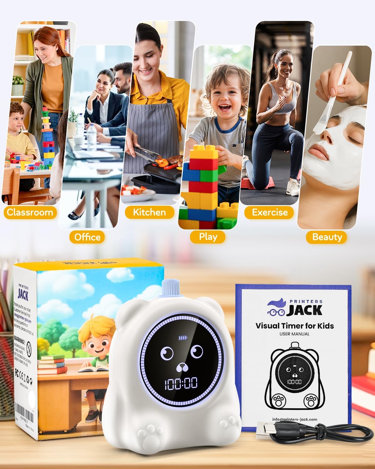 Visual Timer for Kids, 100 Min, Rechargeable Countdown Timers, Adjustable Sound Alert, Adjustable Brightness, Productivity Timers for ADHD, Silent Operation, Desk Time Management Tool for Toddler