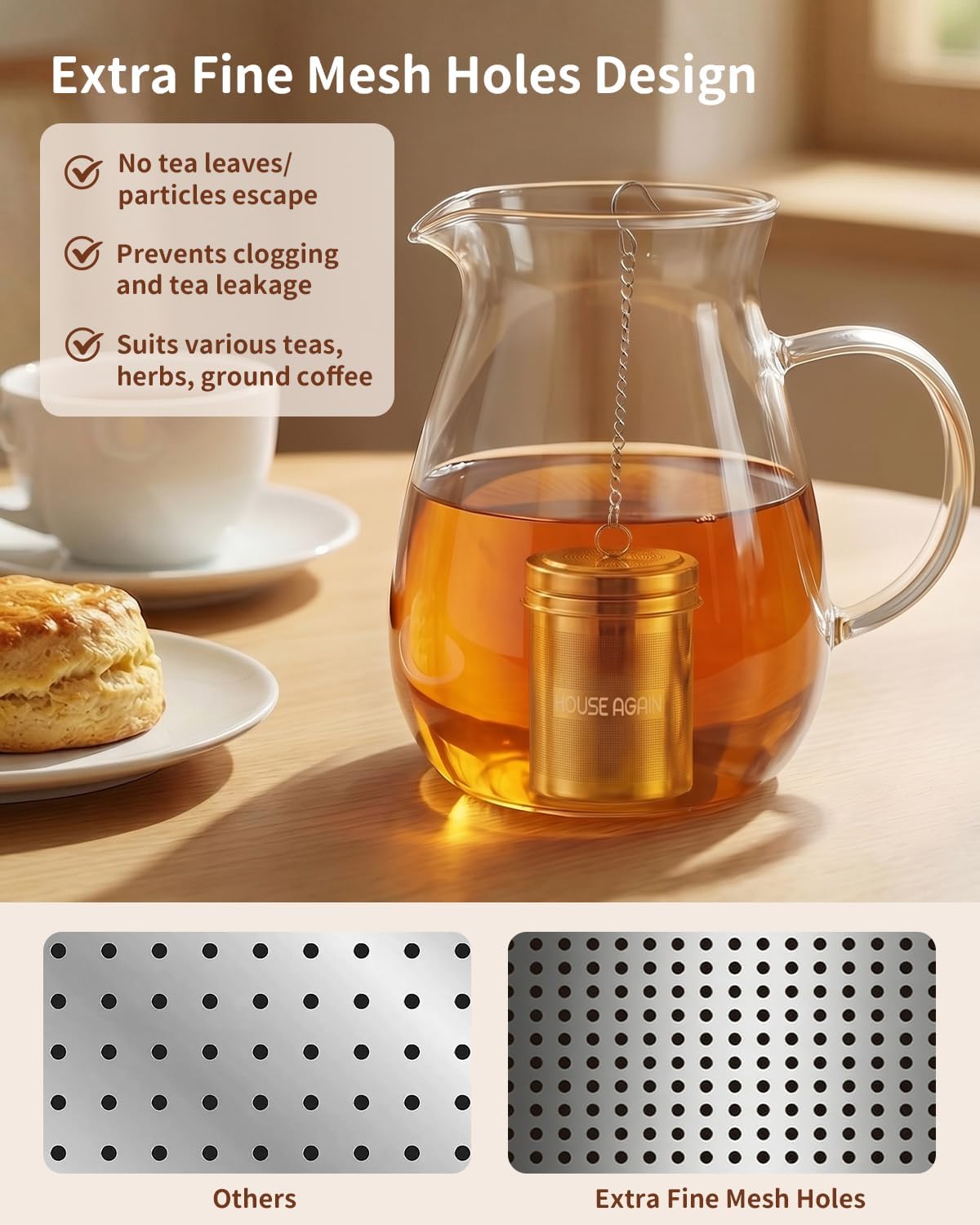 House Again Tea Infusers, Extra Fine Mesh Tea Strainers for Loose Tea, Updated Slim Threaded Lid & 304 Stainless Steel, Filter Bags Diffusers, Loose Leaf Tea Steeper for Brew Tea Spices & Seasonings