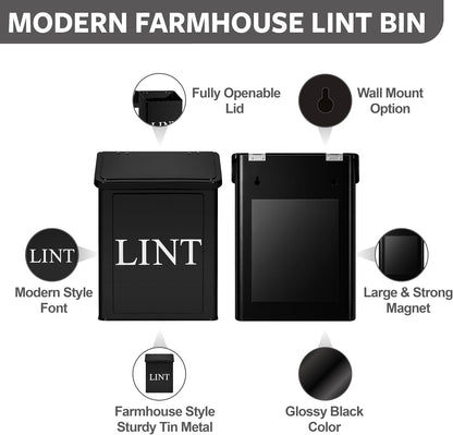 Calindiana Modern Farmhouse Metal Magnetic Lint Bin with Lid and Laundry Room Organization and Storage Wall Mount Space Saving Washer and Dryer Trash Can (White (LINT Brush Set))