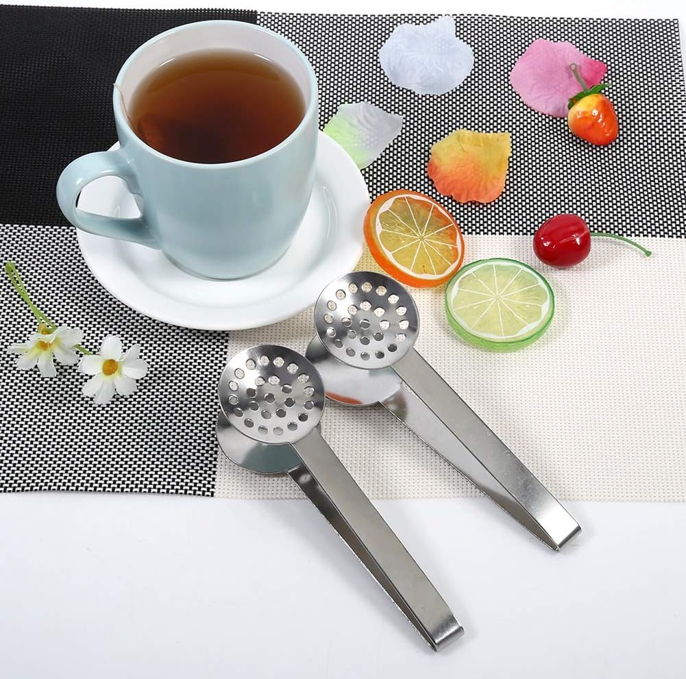 Round Tea Bag Squeezer 2 Pack Stainless Steel 340 Tea Bag Tongs Strainer Perforated Filter 4.7cm Head 15.5cm Length No Mess Drip Extraction for Coffee Lemon Slices
