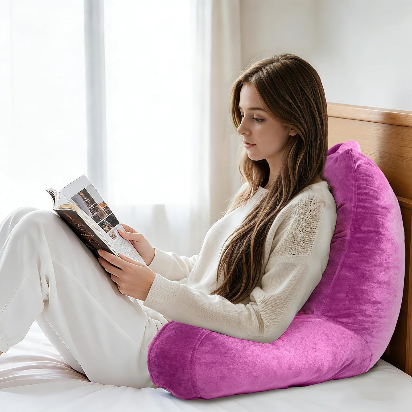 OAISZ Reading Pillow for Sitting in Bed with Shredded Memory Foam, Grey | 19-Inch Back Pillow for Sitting Up in Bed, Extended Arms, Side Pockets, Supportive Adjustable Pillow Removable Washable Cover