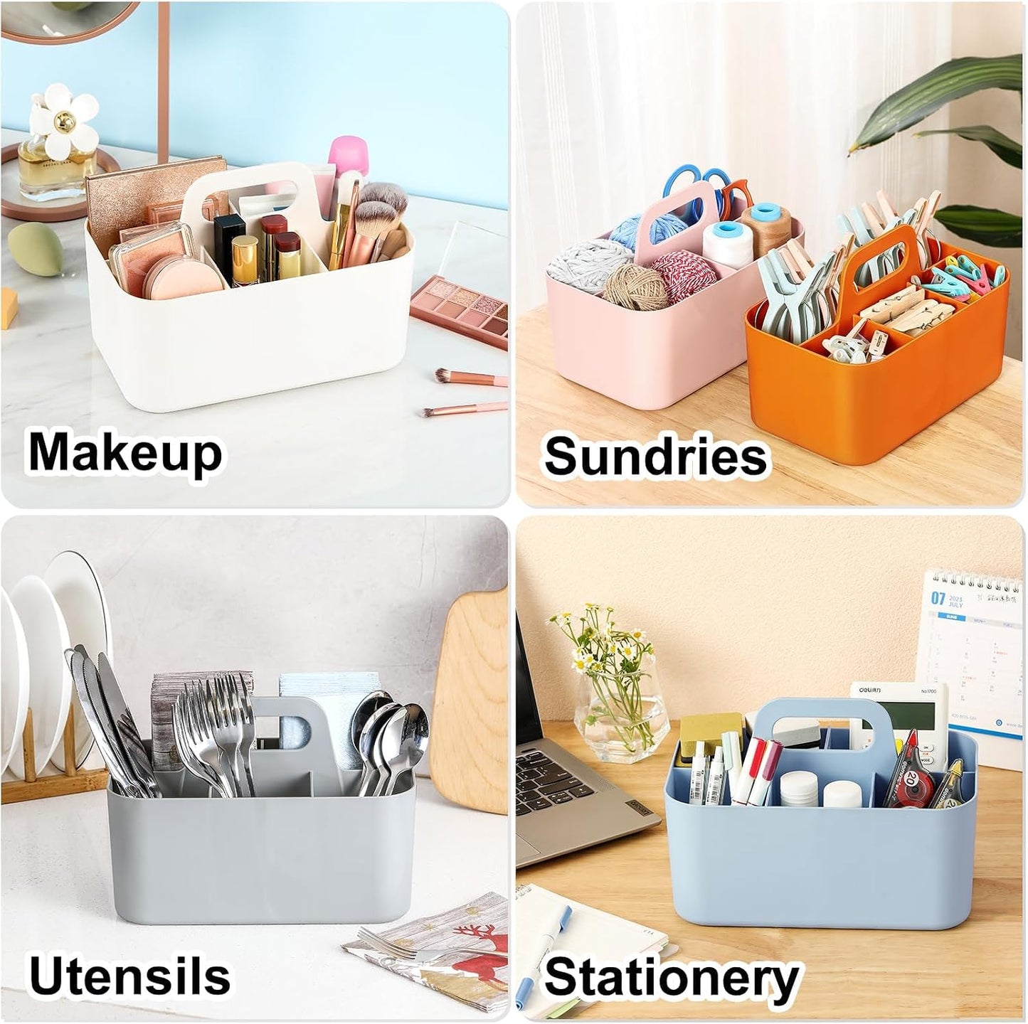 Multiuse Caddy Organizer with Handle, Portable Divided Plastic Tote Bin - Art Craft, Stationary Pen Marker Crayons, Makeup Hair Supplies Storage - Bathroom, Classroom, Dorm, Office, Desk Holder - Grey