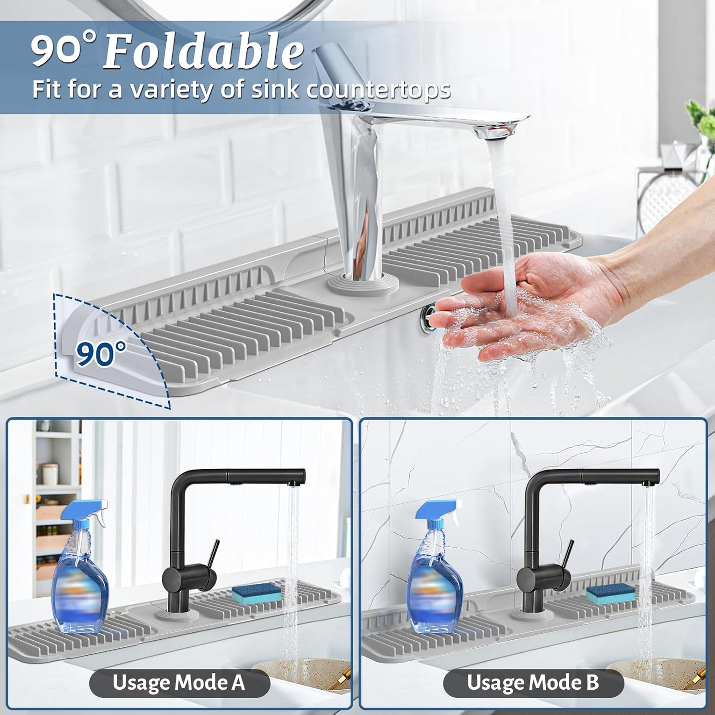 PoYang 24 Inch Faucet Mat for Kitchen Sink Splash Guard, Silicone, Black | Sink Protectors with 7° Slope for Smooth Drainage, Snap Button Holds It in Place, 90° Foldable & Cuttable Hole Fit Most Sinks