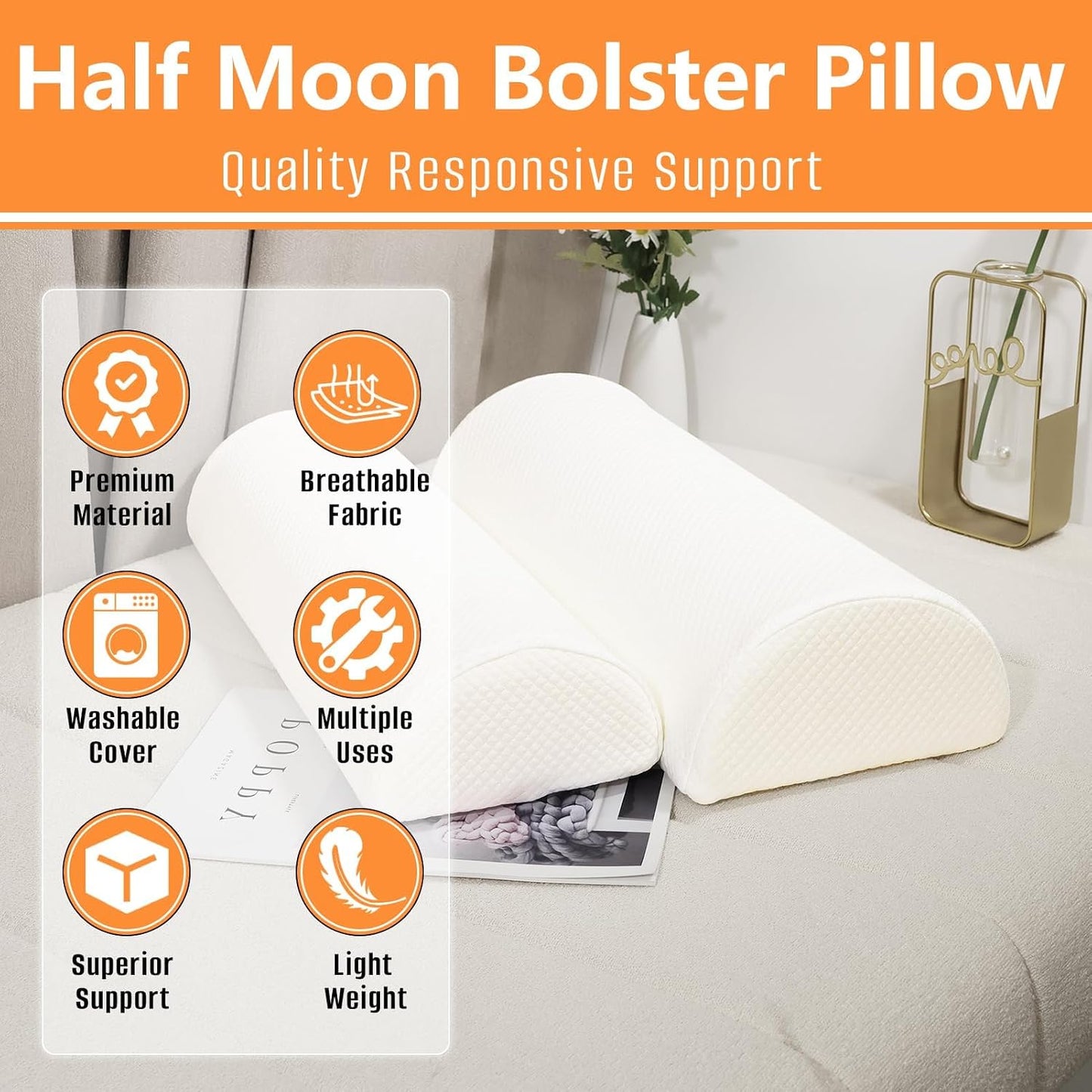 2PCS Knee Pillow for Sleeping, Half Moon Bolster Pillow for Neck, Legs, Ankle Foot & Knee Support, High Density Foam for Leg Elevation (19.6''x6.7''x3.5'', 19.6''x7.8''x4.3'')