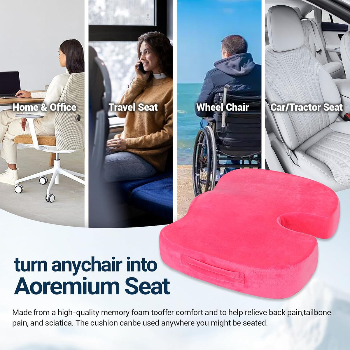 Season Guard Gel Memory Foam Seat Cushion for Tailbone Pain Relief, Black